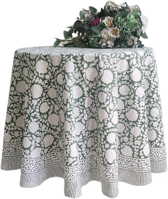 ATOSII Shalimar Green 100% Cotton Round Boho Fall Tablecloth, Handblock Floral Table Cloth Linen for Kitchen Dining I Parties Wedding Outdoors Christmas Thanksgiving I Fall Home Decor 60" Inches Round