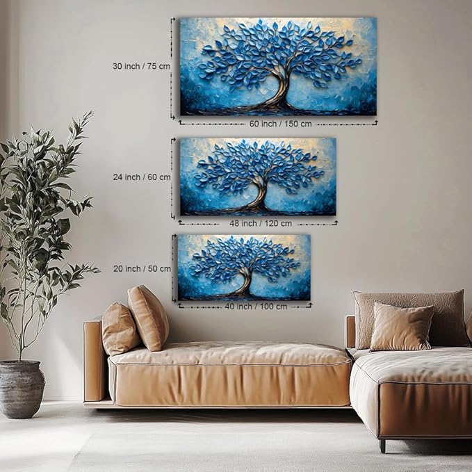 LAVIKARS Modern Tree of Life Wall Art for Living Room Office Navy Blue Abstract Oil Landscape Canvas Painting Prints Large Nature Artwork Home Kitchen Bedroom Decor (23x46 Inches)