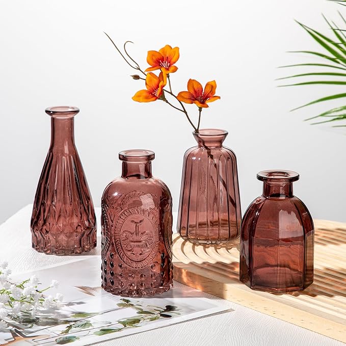 Glass Bud Vases Set of 20, Small Flower Vase in Bulk for Centerpieces, Mini Vintage Wine Red Vases for Rustic Wedding Vintage Home Table Decor
