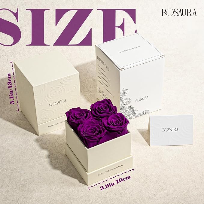 Rosaura 4-Piece Eternal Preserved Roses & Flowers Gift Box - Forever Lasting Real Roses, Preserved Flowers for Valentine's Day Purple