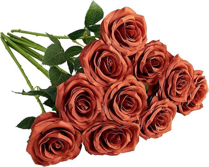 Artificial Rose 10pcs Open Flower Bouquet Faux Rose Stems for Wedding Arrangement, Bridal Bouquet, Centerpiece, Fake Faux Silk Flowers (Burnt Orange)