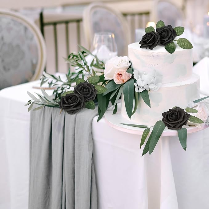 Mocoosy 50Pcs Black Roses Artificial Flowers, Fake Roses for Decorations, Real Touch Foam Rose Bulk with Stem Gothic Wedding Bouquet DIY Floral Arrangements Bridal Shower Valentine's Party Table Decor