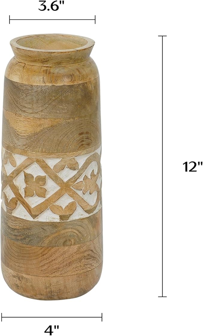 Mela Artisans 12” Mango Wood Vase | Wooden Decorative Flower Vase | Rustic Farmhouse | Medium Burnt | Centerpiece for Living Room | Dining Table | Home Decor