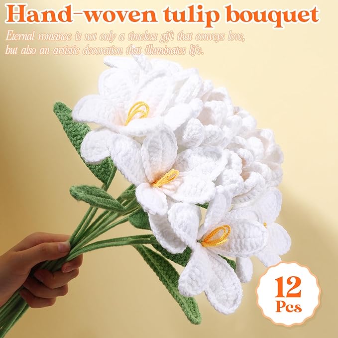 YoungJoy Crochet Rose 12 Pcs Handmade Knitted Flowers Tulip Sunflower Daisy Heart Artificial Knitted Floral Mother Day Graduation Home Decor(Pink Tulip)