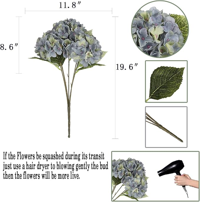 2Bouquets Artificial Fake Flowers Plants Silk Hydrangea Arrangements Wedding Bouquets Decorations Plastic Floral Home Kitchen Garden Party Festival Bar DIY (Bluish Green)