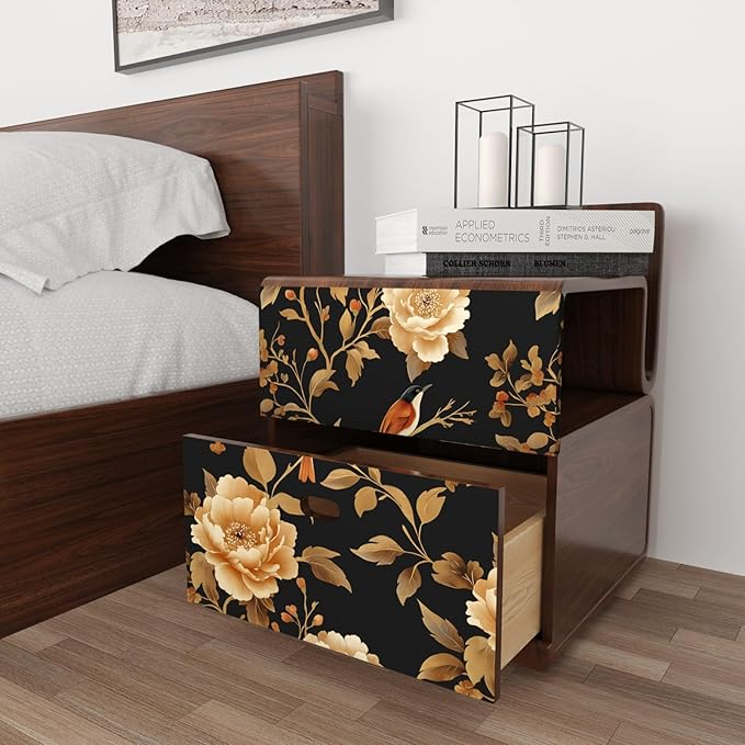 Vintage Floral Bird Wallpaper Peel and Stick Boho Wallpaper 17.5in x118in Black/Golden Floral Wall Mural Waterproof Self-Adhesive Modern Wall Paper for Bedroom Kitchen Cabinet Drawer Decor