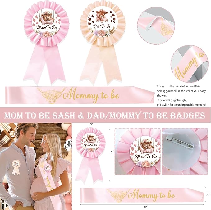 Highland Cow Baby Shower Decorations Girls, 129 PCs – Holy Cow Baby Shower Party Supplies with Floral Backdrop, Balloon Garland, It’s a Girl Cake Topper, Mommy To Be Sash, Headband