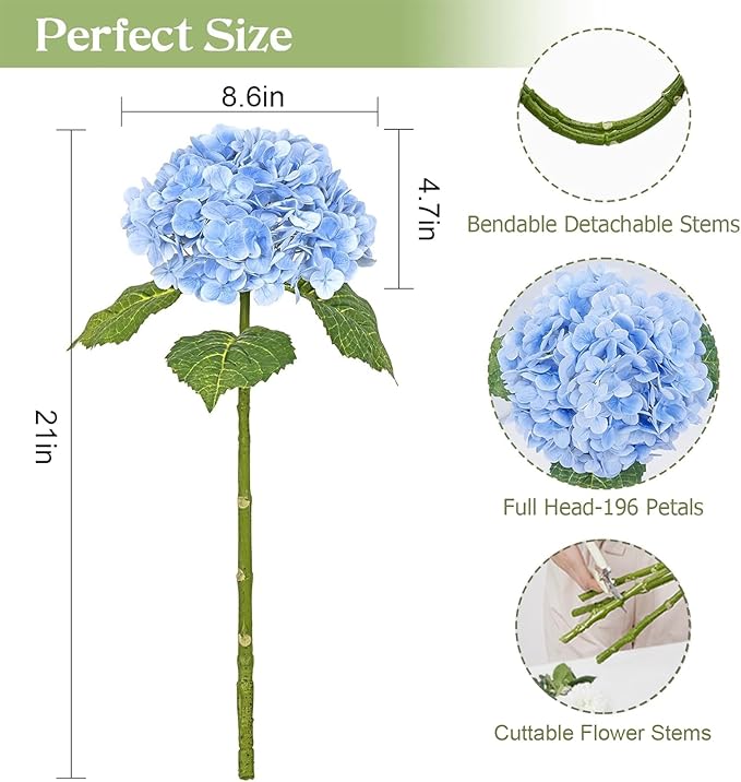 Waipfaru 21" Real Touch Blue Hydrangea Artificial Flowers with Long Stem & Leaves, Full Latex Faux Hydrangea Flowers for Home Decor Party Floral Arrangements Wedding Bouquets Centerpieces, 2Pcs