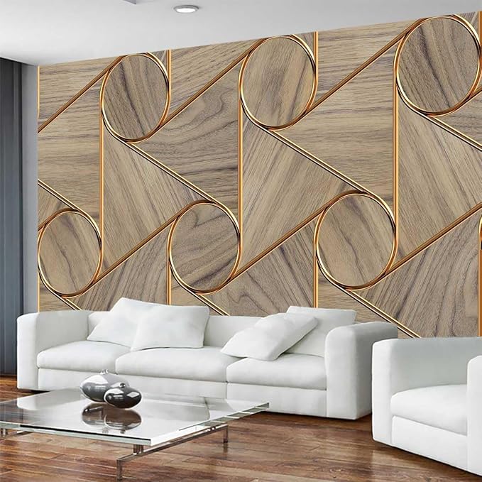 Golden Stripes and Circles and Imitation Wood Grain Wallpaper, Large Wall murals for bedrooms, Living Rooms, restrooms(Non-self-Adhesive)