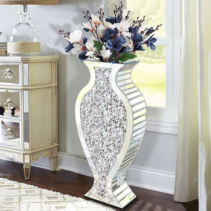 Tall Floor Vase S Crushed Diamond Mirrored Vase 27” Tall, Crystal Silver Glass Decorative Mirror Large Vase Luxury for Home Decor Flower Arrangement Can’t Hold Water.