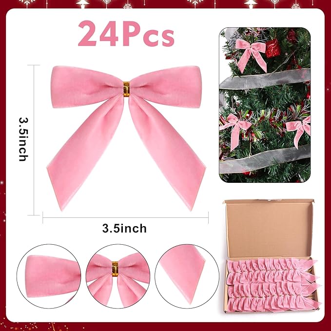 24 Pcs Pink Small Velvet Christmas Bows for Christmas Tree, Wreath, Gift Wrapping, Crafts, Wedding, Party, Twist Tie Bows for Treat Bag Bakery Candy Bags, Home Decor 1" W,3.5 x 3.5 inch