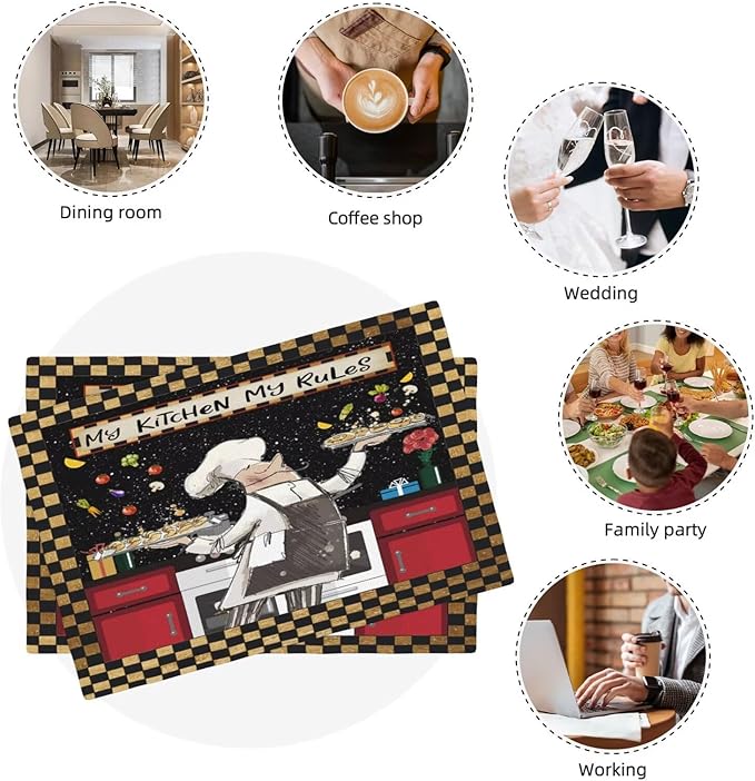 Fat Chef Kitchen Linen Placemats Set of 4 Funny Cooking Theme Placemats for Indoor Outdoor Party Home Desktop Dining Room Decor 12x18 Inch