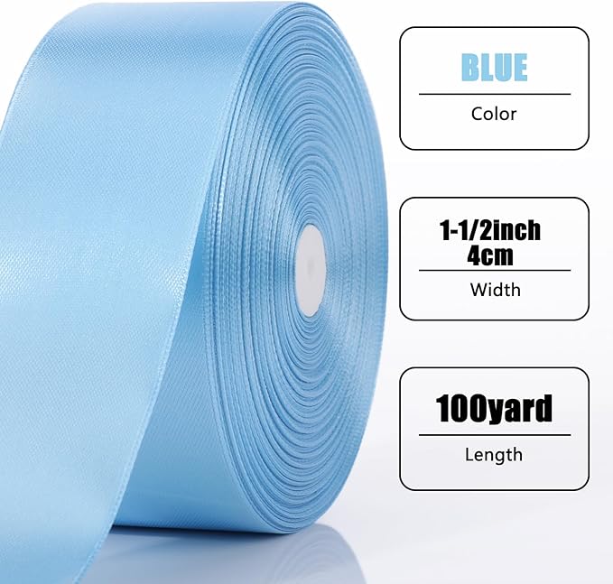 NESCCI 100 Yards Ribbon,1-1/2 Inch Sky Blue Satin Ribbon,Single Face Satin Ribbons,Perfect for Gift Wrapping,Wedding Decoration,Handmade Bows,Wrapping Bouquet and More