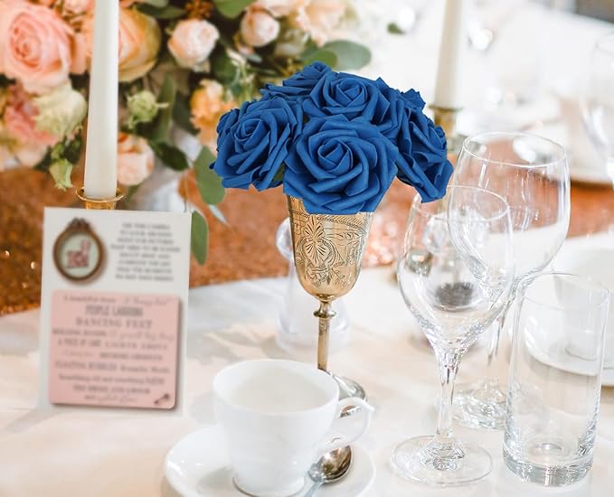 Royal Blue Roses 50PCS Artificial Blue Roses with Stems 2.95" Realistic Fake Blue Roses Foam Flowers for Baby Shower Centerpieces Kissing Ball Table Decor for Party (Royal Blue)