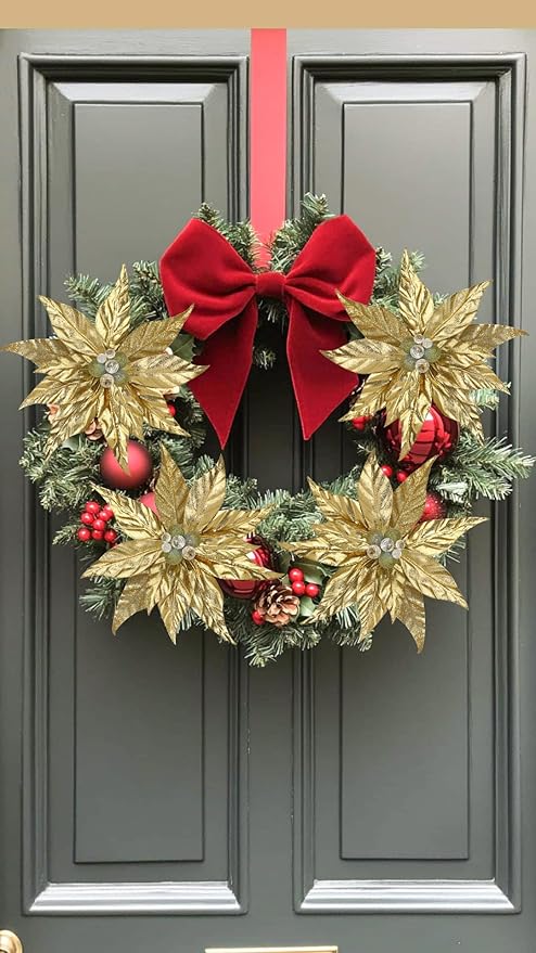 DILATATA 3 Pcs Artificial Christmas Flowers 13 Inch Glitter Poinsettia Picks Christmas Tree Ornaments Topper Decorations Gold Poinsettias Flowers for Xmas New Year Wreath Garland Wedding Home Decor