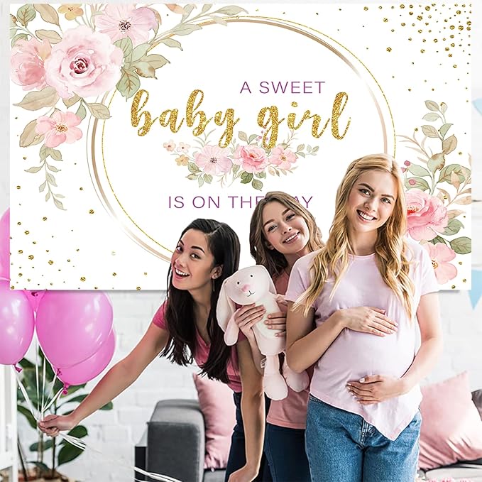 Sweet Baby Girl is On The Way Backdrop - 7x5ft Pink Floral Baby Shower Banner for Girl, Watercolor Gold Glitter Party Decorations, Gender Reveal Newborn Welcome Photo Booth Background