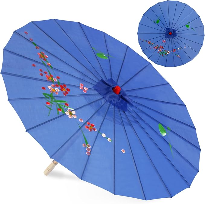 33" Dark Blue Flower Silk Cloth Decoration Handmade Parasol Umbrella Chinese Japanese Asian DIY Art Dance Classical Umbrella for Wedding Parties Photography Costumes Cosplay (Dark Blue)