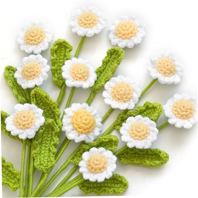 12Pcs Crochet Flowers, Artificial Daisy Crochet Flower Bouquet, Realistic Flower for Mother's Day Valentines Day Birthday Wedding Home Decor, White