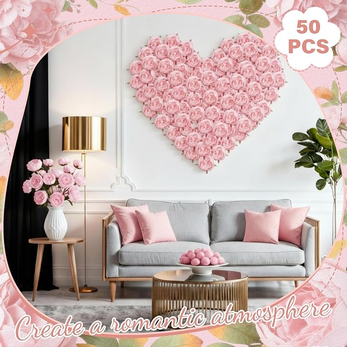 50 Pcs Artificial Peony Flower Bulk 3.5 Inch Silk Peony Flowers Heads with Stems Realistic Fake Roses for DIY Wedding Party Craft Bridal Bouquets Table Centerpieces Vase Home Decor(Pink)