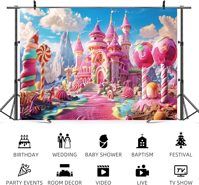 10x6.5ft Pink Fantasy Castle Backdrop Candy Land Sweet Candy House Photography Background Baby Shower Sweet Girl Princess Birthday Banner Decorations Kids Artistic Portrait Photo Booth Prop