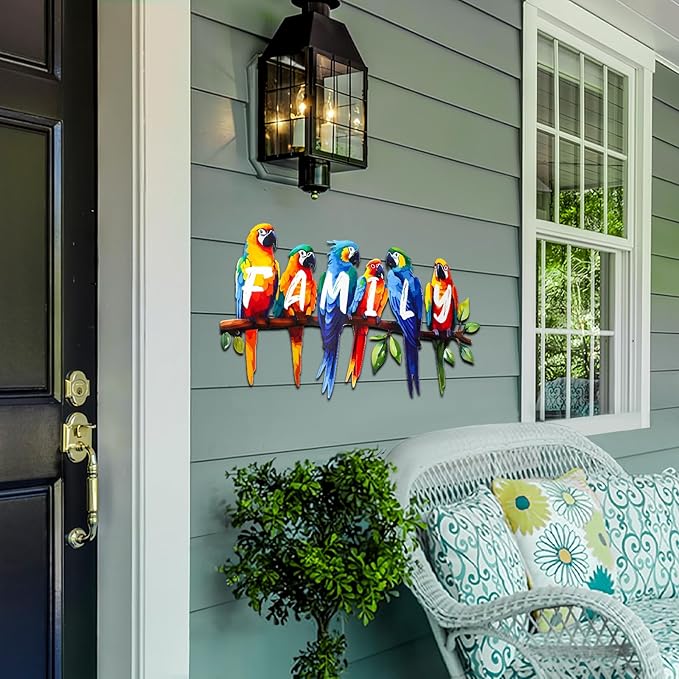 ULENDIS Metal Parrot Wall Art, Birds on Branch Wall Decor Family Sign for Front Door, Wall Hanging Decoration for Garden Living Room Balcony Patio Indoor Outdoor