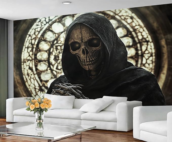 Gothic Skeleton Wall Mural, Dark Fantasy Skull 3D Wall Murals, Medieval Gothic Wallpaper Mural, for Living Room Bedroom Large Wallpaper Indoor Decor 177.16" W x120 H