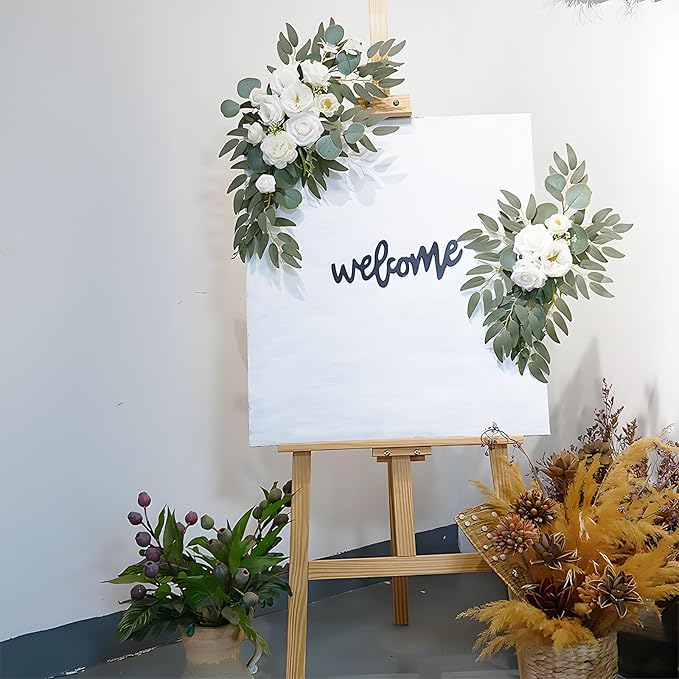 White Wedding Arch Flowers, Faux Flower Swag Set of 2, White Floral Swag for Wedding Arch Welcome Signs, Reception Ceremony Signs Decor