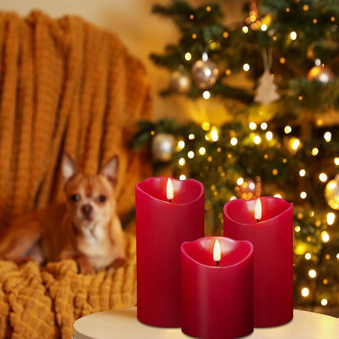 Eywamage Red Flameless LED Pillar Candles with Remote, Real Wax Flickering Christmas Candles Battery Operated Set of 3