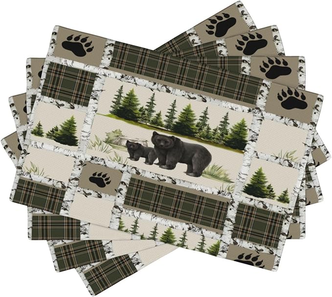 Forest Bear Moose Place Mats Set of 4 Pine Tree Wild Animal Kitchen Dining Table Mat for Indoor Outdoor Decorations 12 X 18 Inch 4 PCS, Style-19