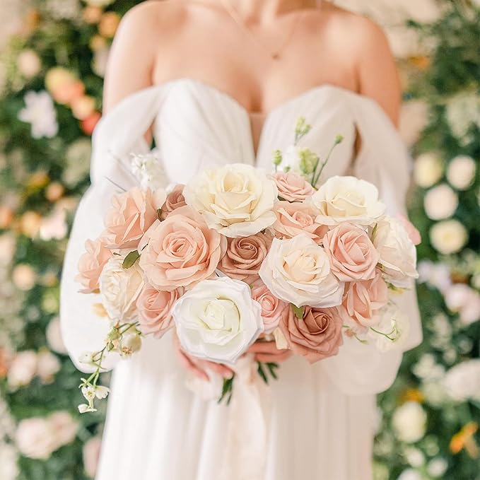 Roses Artificial Flowers Bouquet Combo Box Set Fake Flower Bulk for DIY Bridal Baby Shower Decorations Wedding Centerpieces for Table Silk Floral Arrangements Party Home Decor Indoor Peach