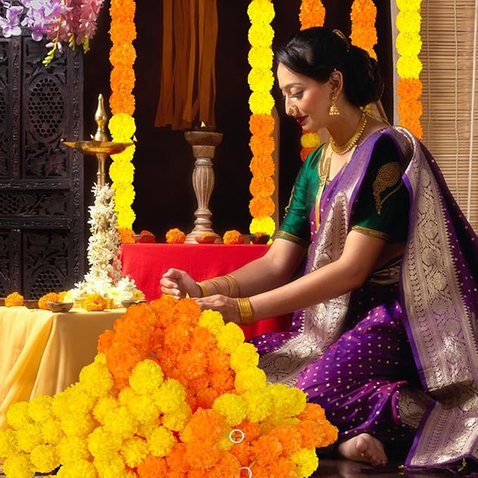 5pcs Marigold Garland for Decoration, 5 Feet Artificial Marigold Flowers Diwali Decorations for Home, Yellow and Orange Artificial Marigold Heads for Diwali Party, Indian Weddings, Halloween, Wreath