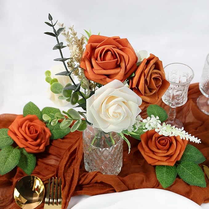 Meldel Artificial Flower 25pcs Real Looking Orange Fake Foam Roses with Stems for DIY Wedding Bouquets Gifts Bridal Shower Crafts Faux Floral Centerpieces Arrangements Home Party Tables Decorations