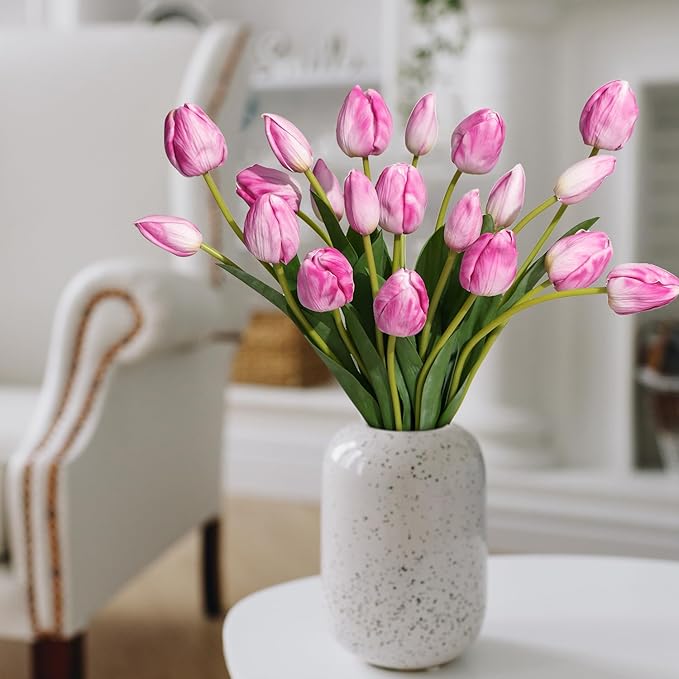 Real Touch Artificial Tulips, 20pcs Fake Tulip Flower Stem, PU Faux Tulip 19.7” for Mother's Day Easter Valentine's Gift, Home Decor Wedding, Table Centerpiece Floral Creation, Pinkish Purple