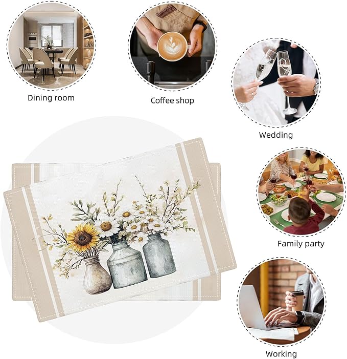 Farmhouse Sunflower Placemats Set of 4, Rustic Daisy Place Mats, Country Dining Table Mats, Washable Spring Placemats for Kitchen Dining Room Home Decor 18L'' × 12W''