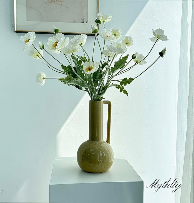 Set of 6 White Poppies Flowers Artificial for Vase, Faux Wildflowers with Long Stems, Silk Flowers Arrangement for Wedding Party Farmhouse Home Office Indoor Kitchen Dining Table Decoration