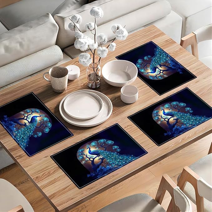Blue Peacock Placemats Set of 4, Peacock Tree Place Mats Washable Double-Sided Table Mats for Kitchen Dining Room Home Party Indoor Decor 4 PCS 12x18 Inch