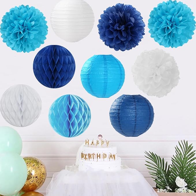 Blue Paper Flowers Tissue Pom Poms Honeycomb Lanterns 15pcs Light Royal Navy Party Decorations Boy Birthday Ocean Wedding Baby Bridal Shower Bachelorette Graduation Hanging Supplies Mprocherify