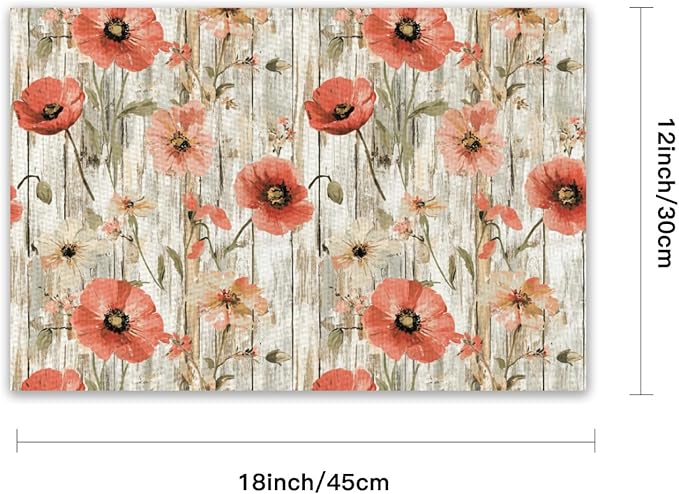 Placemats Set of 4 Waterproof Oilproof Table Mats Vintage Poppy Flowers Washable Wipeable Heat Resistant Easy to Clean for Indoor Outdoor Party Kitchen Dining Table Decoration 12 * 18in