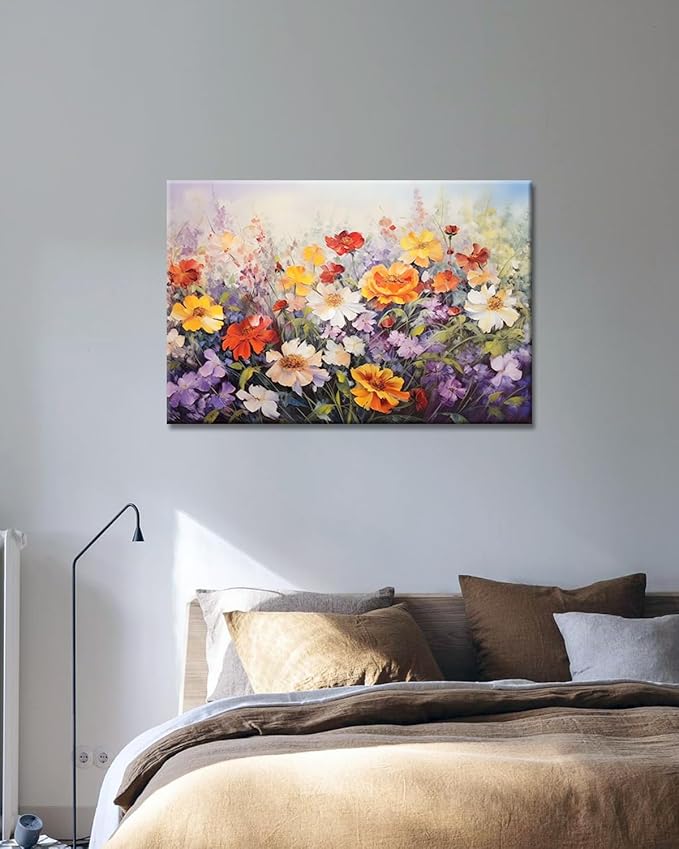 GLOKAKA Flowers Wall Art Colorful Landscape Lush Wildflowers Painting Print on Canvas Purple Yellow Floral Daisy Flower Picture for Home Bedroom Office Decor (Lush Flowers, 18"x12")