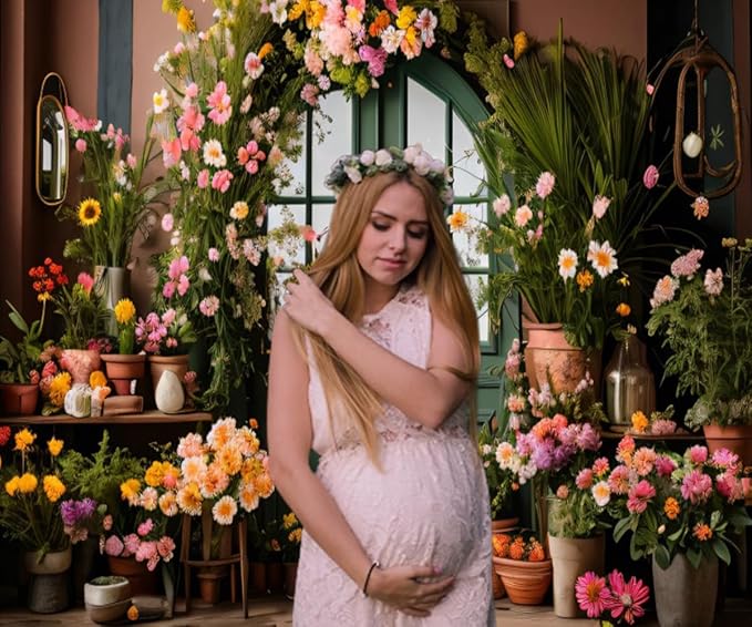 10x8ft Spring Flower Backdrop for Photography Indoor Blooming Flower Arch Wooden Door Floral Photo Background Video Photo Shoot Wedding Portrait Background Studio Photo Booth Props