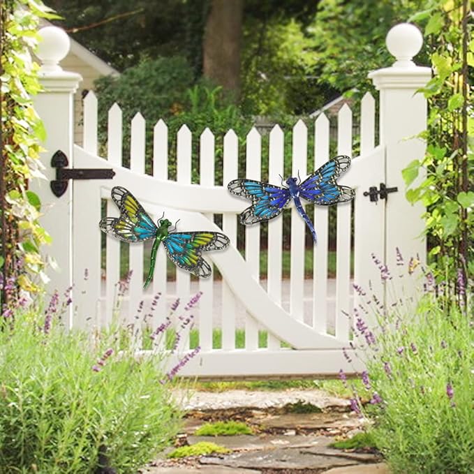 HONGLAND 2Pcs Metal Dragonfly Wall Decor Outdoor Dragonfly Wall Art Glass Sculpture for Home Garden,Gradient Blue&Green
