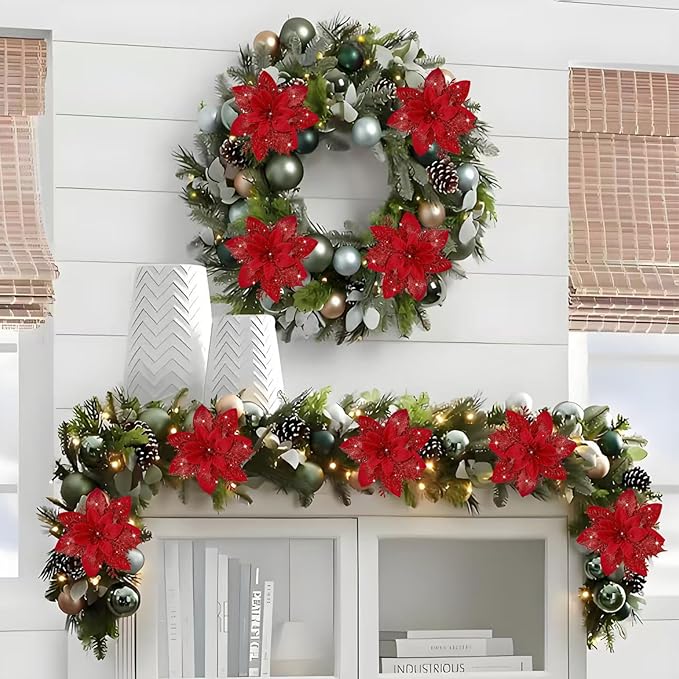 12 PCS Poinsettia Flower Artificial Red Christmas Flowers Artificial 5.5'' Glitter Poinsettias Artificial Christmas Tree Flower with Clips DIY Xmas Wreath Holiday New Year Home Party Decor