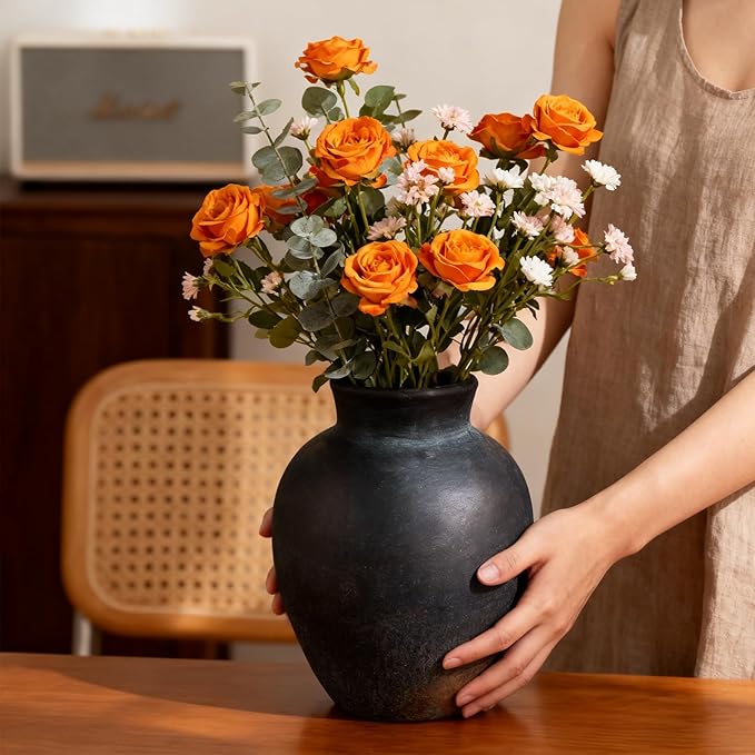 Ceramic Flower Vase, 6 Inch Decorative Rustic Vase Farmhouse Boho Vase for Centerpieces,Terracotta Vases for Home Decor, Living Room,Shelf,Wedding,Black
