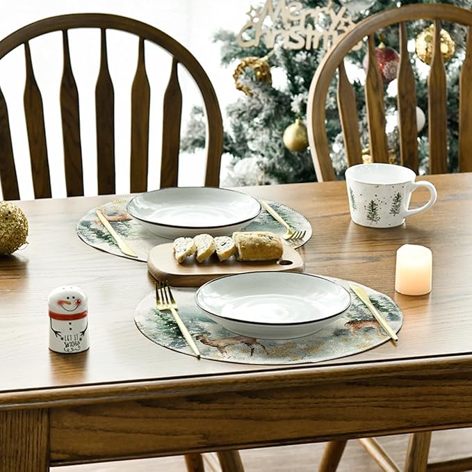 Artoid Mode Watercolor Deer Trees Snowflakes Christmas Round Placemats Set of 4, 14 Inch Winter Round Table Mats for Dining Decoration