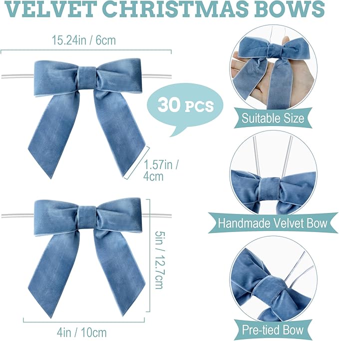 30 Pcs Velvet Ribbon Bows 5" x 4" Pre Tied Christmas Velvet Bows with Twist Tie for Gift Packaging Christmas Tree Wreaths Door Windows Wedding Party Decoration(Dusty Blue)