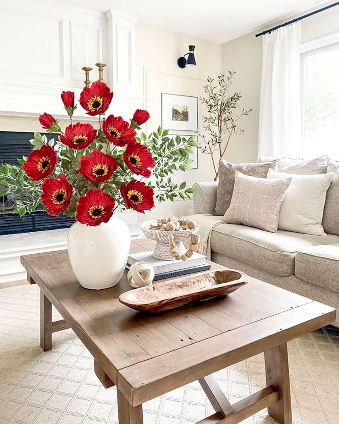 28.3" Red Artificial Flowers Poppy Flowers 3Pcs Silk Fake Poppy Flowers Real Touch Faux Poppies Spring Flower Long Stem Arrangement with 4 Heads for Party Centerpiece Bouquet Table Home Decoration