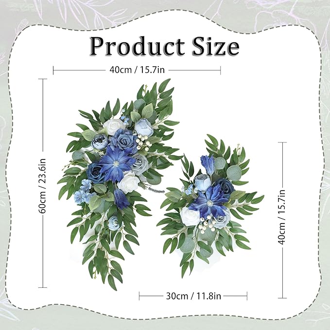 Faux Flower Swag Set of 2, Blue Artificial Flowers Swags for Wedding Arch, Wedding Welcome Signs, Welcome Reception Ceremony Signs Decorations