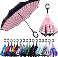 Inverted Umbrella, 49 Inch Double-Layer Vented Reverse Umbrella, Windproof Waterproof UV Protection, Lightweight C-Handle, Fiberglass Ribs, Steel Shaft, Travel/Commute/Car Use, With Sleeve