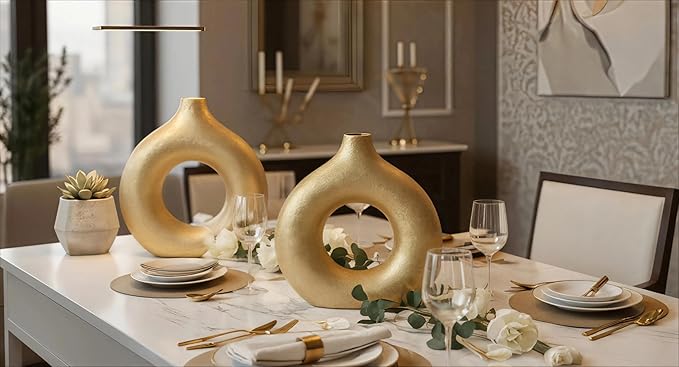 Modern Donut-Shaped Decorative Vases, Handmade Minimalist Boho ins Style, Modern Vase for Home Decor for Wedding Dinner Table Party Living Room Office Bedroom (Gold, Extra Large + Large)