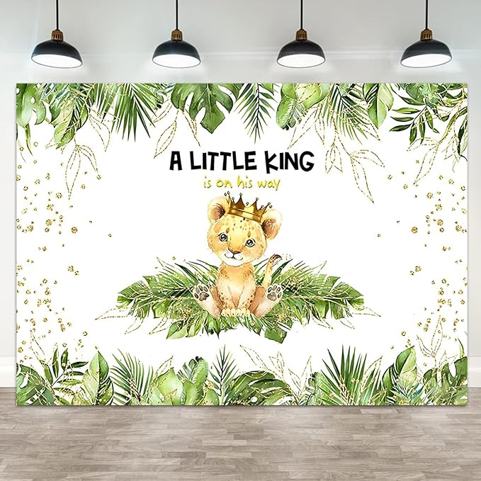 6x4ft Baby Shower Backdrop A Little King is On His Way Photography Background Lion Crown Jungle Forest Green Leaf Kid Birthday Party Banner Decorations Newborn Portrait Photo Booth Prop